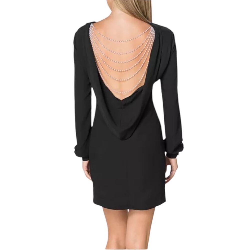 Dress The Population Myah Faux Pearl Back Mini Black Dress Size XS